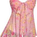 Milumia Women Floral Asymmetrical Flowy Cami Top Y2k Tie Front Spaghetti Strap Mesh Tops (Large, Pink)