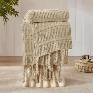 Boho Knitted Chenille Blanket with Tassels - Lightweight & Soft All-Season Throw - 3D Classic Pattern for Living Room Bedroom Couch, Sandy Beige, Throw 50"x60"
