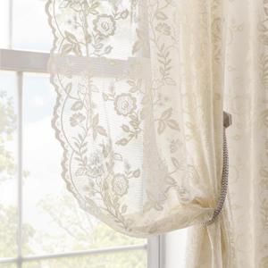 FINECITY Beige Lace Curtains 36 Inch Length 2 Panels Rusitc Leaf Floral Short Sheer Curtains for Kitchen Window Over Sink, Rod Pocket Privacy Light Filtering Lace Cafe Curtain, 42 x 36 Inch