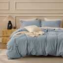 Bedsure 100% Washed Cotton Duvet Cover Queen Size - Dusty Blue Minimalist Cotton Bedding Linen Like for All Seasons - GentleSoft Plain Simple Duvet Cover, 3 Pieces (Dusty Blue, Queen, 90"x90")