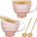 Pink Vintage Latte Mugs Set of 2, 16oz Large Pink Glass Embossed Coffee Mug Latte Tea Cup with Bamboo Lid and Spoons, Insulated Tea Cups Iced Water Ribbed Glasses Breakfast Cup Set Gift for Family
