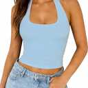 ForeFair Halter Tank Tops for Women Going Out Top Double Lined Crop Backless (Blue, L)