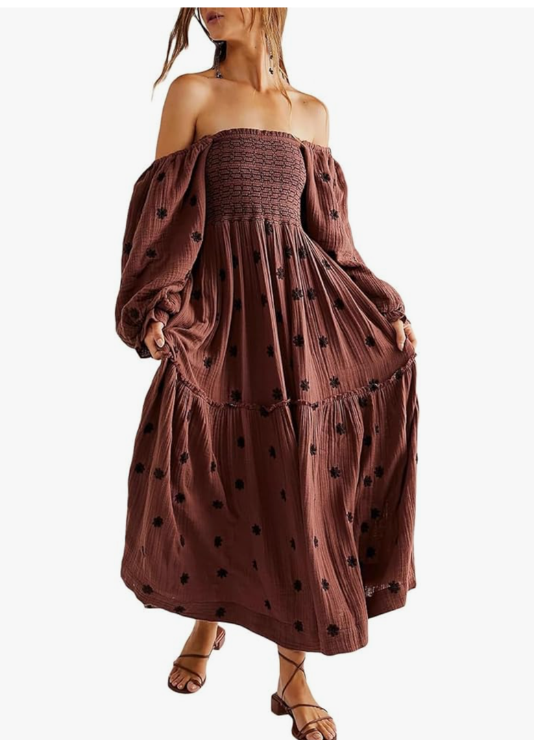 Women Floral Embroidered Maxi Dress Long Puff Sleeve Square Neck Bohemian Flowy Dress with Pockets Smocked Fall Dress, Size M