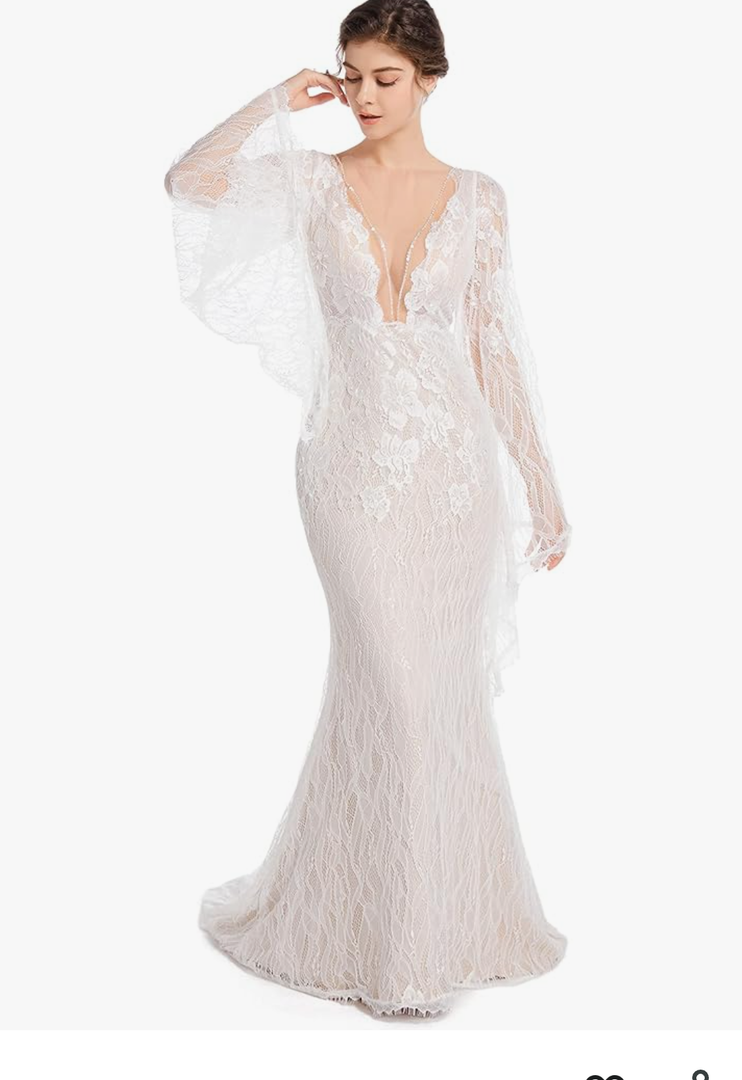 Luxury Lace Flare Sleeves Mermaid Wedding Dress Boho Beach Sexy Deep V Open Back Bridal Gowns Size 6