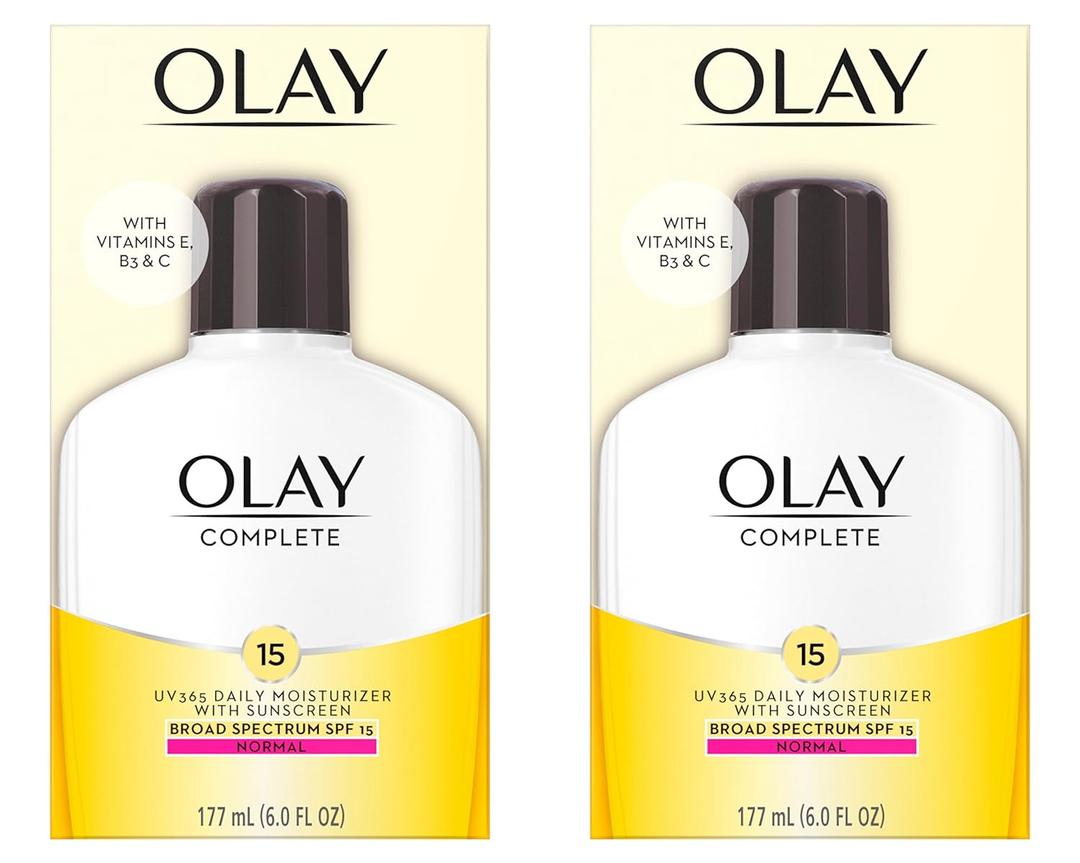 Olay Face Moisturizer, Complete with Sunscreen SPF 15, Daily Facial Lotion for Normal Skin, Lightweight Hydrating Broad Spectrum Sun Protection - Vitamin C, E, and Niacinamide - 6 Oz 2 Pack