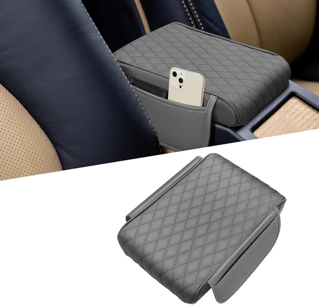 Car Center Console Cover, Napa Leather Car Armrest Cushion with Side Pockets, Memory Foam Auto Armrest Seat Box Mat, Universal Interior Armrest Protective Cover Accessories for Most Vehicle (Gray)