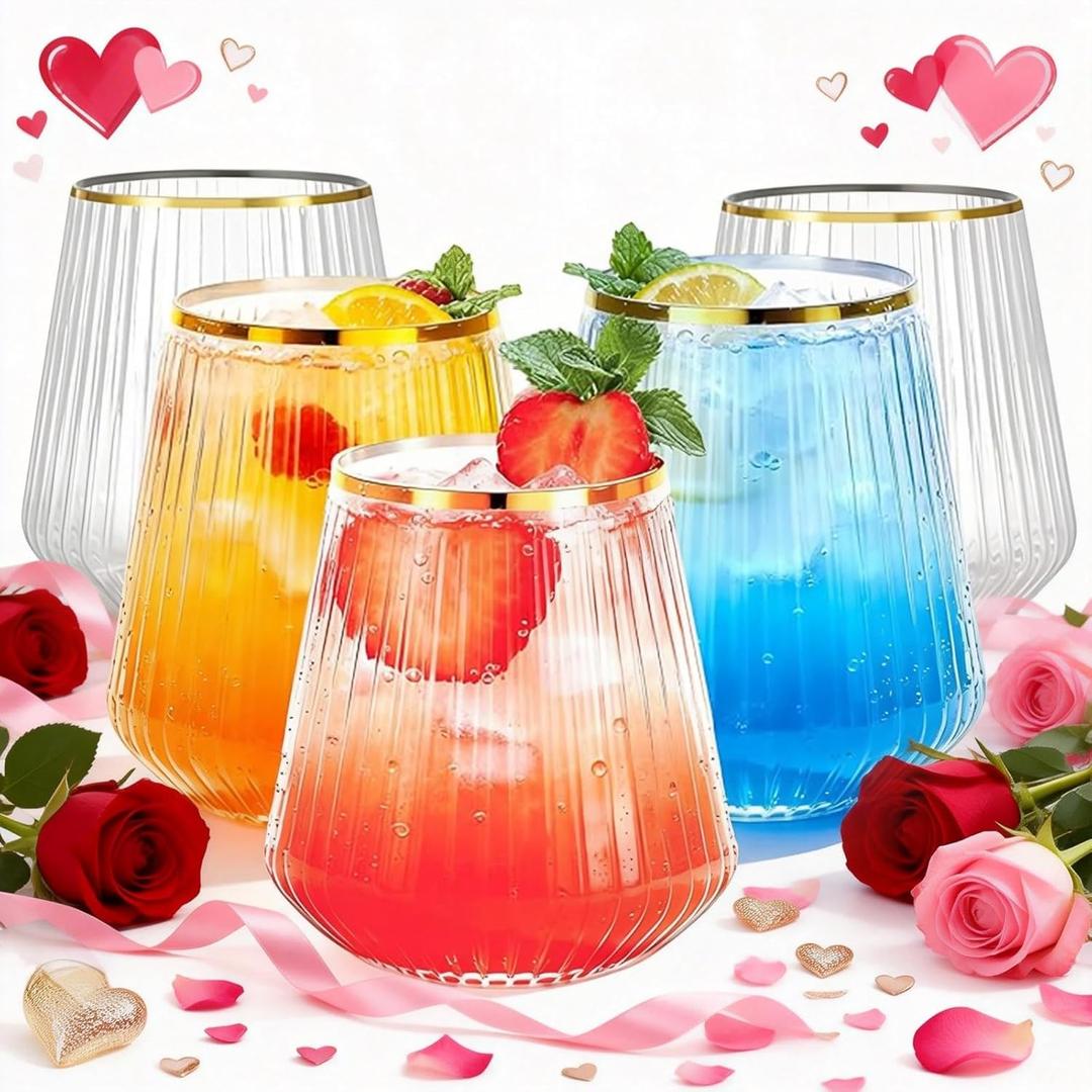 BESTSTAR 36 Pcs 12 oz Plastic Clear Gold Rim Ribbed Glasses, Origami Ripple Disposable Champagne Glasses Elegant Whiskey Glasses Ideal for Weddings, Bars, Christmas, Pool Party, Daily Use