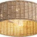 Handwoven Boho Rattan Ceiling Fan with Light,Flush Mount Caged Fandelier