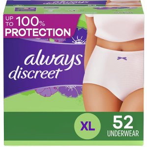 Always Discreet Incontinence & Postpartum Incontinence Underwear for Women, X-Large, 52 Count, Maximum Protection, Disposable (26 Count, Pack of 2 - 52 Count Total), Packaging May Vary