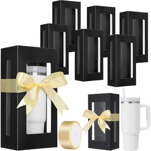 Honoson 6 Pcs Gift Boxes with Ribbon Compatible with Stanley 30 oz Tumbler with Handle, Transparent Gift Box with Window for Sublimation Mug Cup Packaging Shipping Exhibition(White)