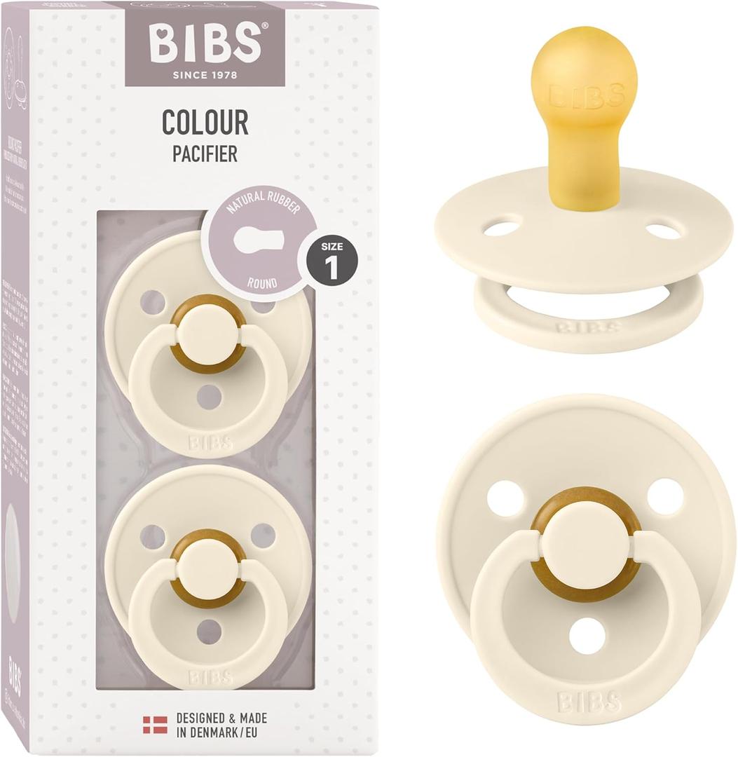 Bibs Pacifiers Color Collection, Set of 2 BPA-Free Latex Pacifiers Made in Europe, Round Nipple Baby Pacifier. (0+ Month (Pack of 2), Ivory)