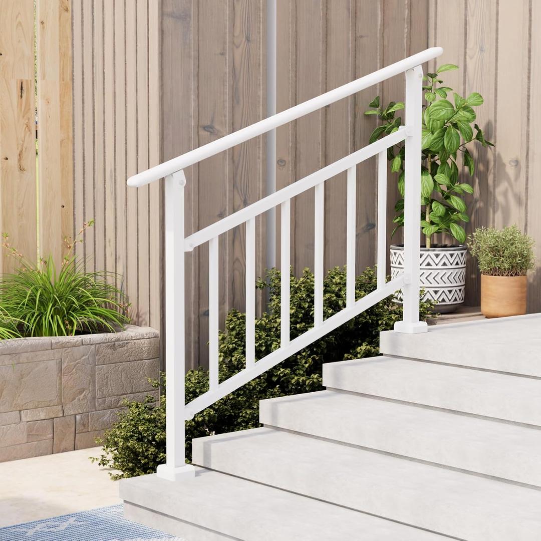 Hand Rails for Outdoor Steps, 3-4 Step Stair Railing Outdoor, 4 Step Hand Rails for Seniors (White, 1Pack)