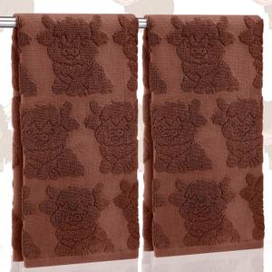 SmoothNovelty 2 Pcs 3D Highland Cow Hand Towels Bathroom Decor Dark Brown 100% Cotton Absorbent Jacquard Weave Decorative Towels for Bathroom Kitchen Highland Cow Gift, 14 x 29 Inches