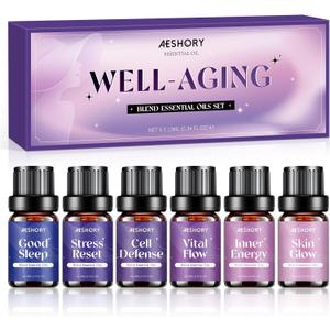 AESHORY Well-Aging Essential Oils Set, 6 Premium Aromatherapy Blend Oils for Diffusers for Home, Self Care & Relaxation Gift for Women, Good Sleep, Stress Reset, Vital Flow, Skin Glow, 6 x 10ML