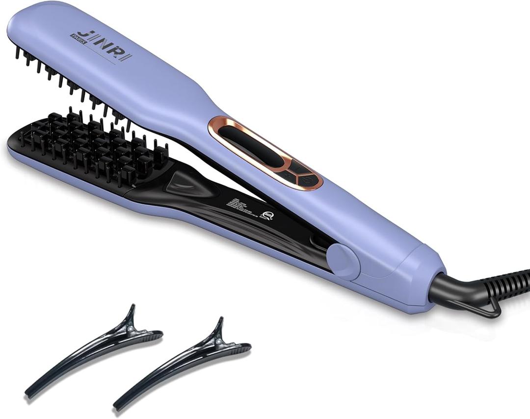 JINRI 3-in-1 Curling Wand & Flat Iron Hair Straightener and Hair Brush, Fast Heating Ceramic Flat Iron, Best Hot Tools Professional 1.26 inch Hair Iron, Dual Voltage (100-240V), Purple