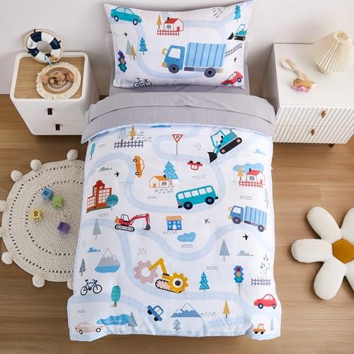 NacoMoco 4-Piece Cars Toddler Bedding Set for Boys Girls- Soft & Skin Friendly Toddler Bed Set Includes Toddler Comforter, Flat Sheet, Fitted Sheet and Pillowcase (Light Blue)