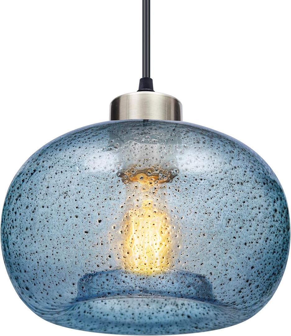 Modern Hand Blown Pendant Lights Kitchen Island, Blue Seeded Glass Pendant Light Fixtures, Brushed Nickel Globe Ceiling Hanging Light Fixture Foyer Entryway Dining Room, 1-Pack
