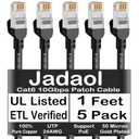 Jadaol Cat6 Ethernet Patch Cables 1ft 5-Pack, 10Gbps 24AWG Pure Copper RJ45 Cat6a Patch Cable, Support Cat8/7 Network, Outdoor&Indoor Rated for Patch Panel to Switch, Server, Router, Modem, PC - Black