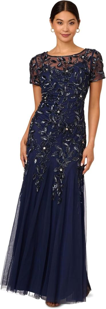 Adrianna Papell Women's Beaded Gown with Godets - Floor Length Gown with Floral Embellishments & Cap Sleeves, size 12 (Blue)