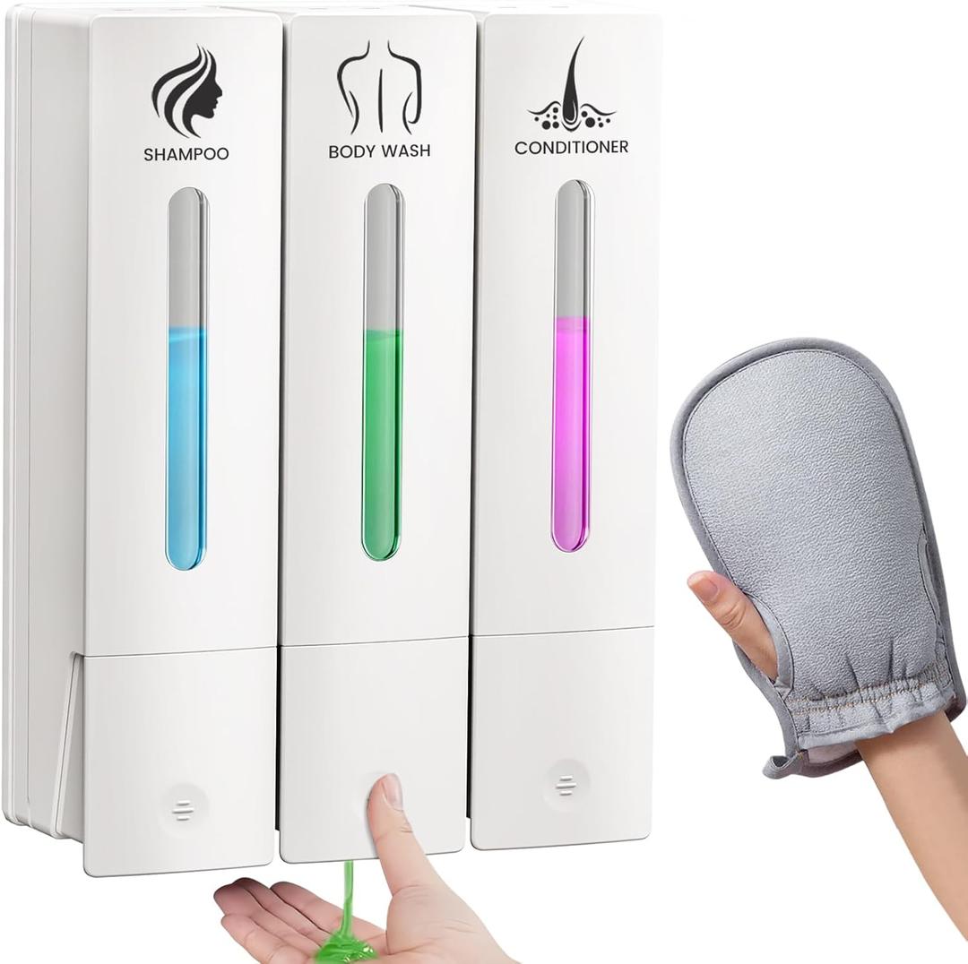 3 in 1 Shampoo and Conditioner Dispenser, 1200ML Capacity Shower Soap Dispenser Bathroom Set, 3 Chamber Shower Dispenser No Drill, Fashionable Wall Mounted Soap Dispenser for Bathroom & Hotel