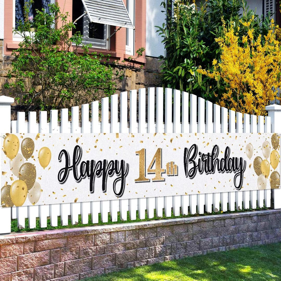 Happy 14th Birthday Decorations,14th Gold Balloon Large Birthday Hanging Banner Sign,Cheers to Fourteen Years Old Bday Party Supplies.