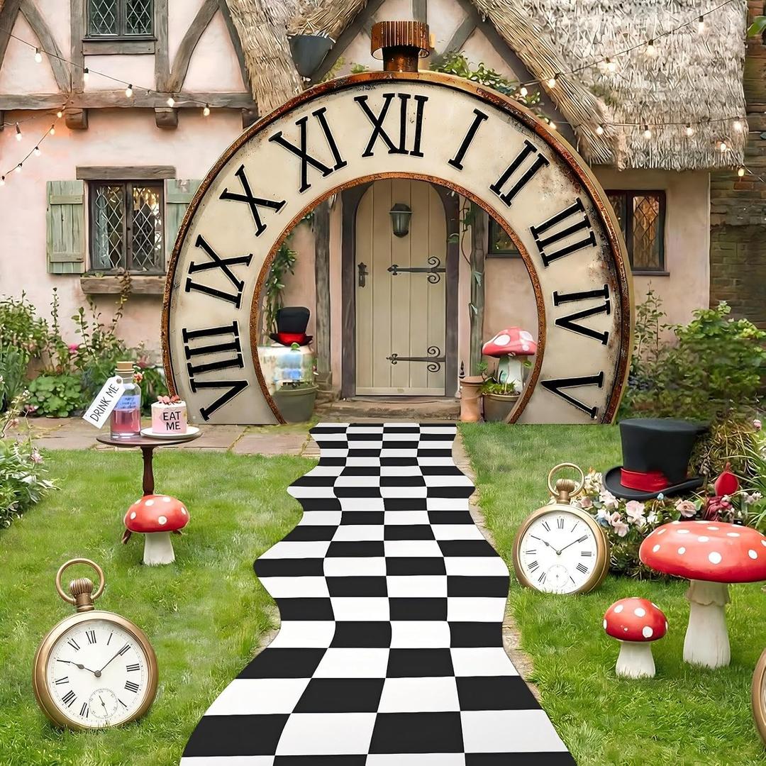 Preboun Wonderland Clock Party Decorations Clock Door Banner Black White Checkered Aisle Runner Tea Party Decoration Hanging Timepiece Backdrop Photo Props Background for Newborn Fairytale Birthday