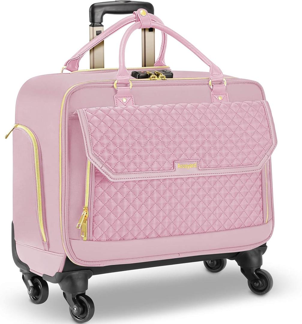 Arcoyard Rolling Laptop Bag, Briefcase for Women with 4 Spinner Wheels and Telescopic Extendable Handle, Roller Computer Bag for Work Travel Carry On Luggage, TSA Friendly Design, Pink