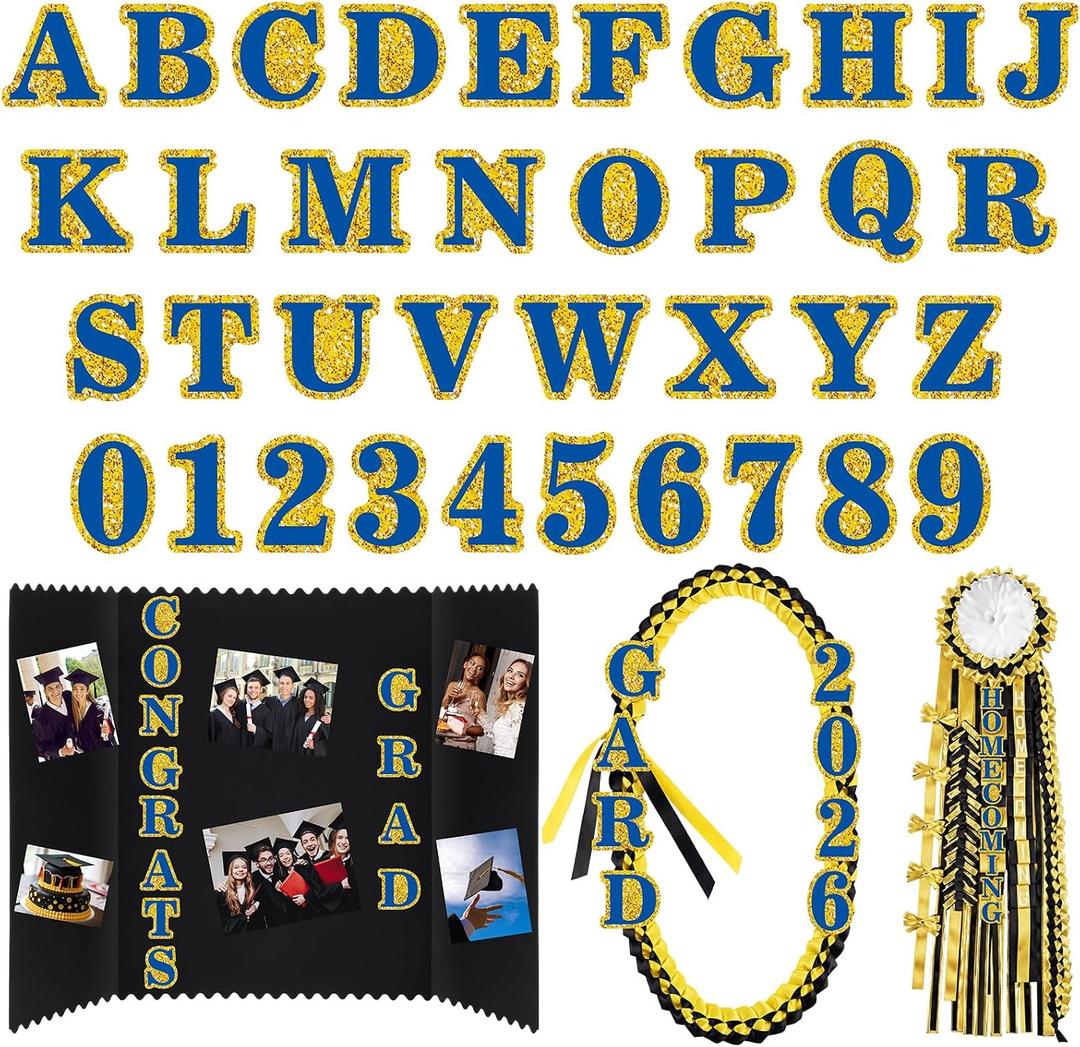 72 Pcs Glitter 2026 Graduation Letters Numbers Cardstock Shiny Crafts Alphabet with Adhesive Dots for Graduation Trifold Photo Board Grad Leis Homecoming Mums DIY Supplies(Blue Gold)