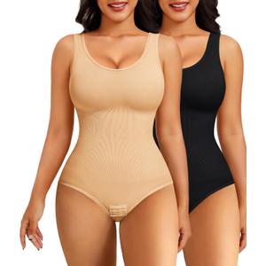 Nebility 2 Piece Shapewear Bodysuit for Women Tummy Control Slim Fit Sleeveless Round Neck Body Suit (X-Large-XX-Large, Black/Beige 2pk)