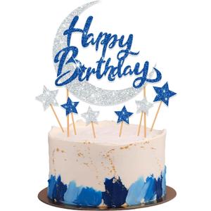Moon Cake Topper, Moon and Stars Cake Topper for Birthday Cake Decorations, 7PCS Navy Blue and Silver Happy Birthday Cake Toppers for Stars and Moon Party Decorations