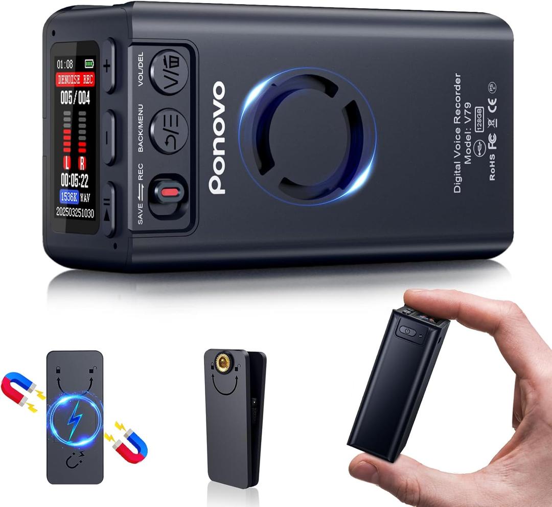128GB Magnetic Digital Voice Recorder, 45 Days Continuous Recording, Voice Activated Audio Recorder with Password, Clip, Metal Housing, 2159 Professional Noise Reduction for Meetings Lectures