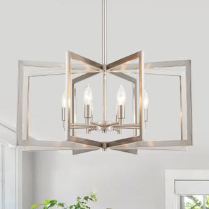 8-Light Brushed Nickel Chandelier 26 Inch Large Dining Room Light Fixture Geometric Metal Modern Pendant Hanging Ceiling Lamp for Kitchen Island Living Room Entryway