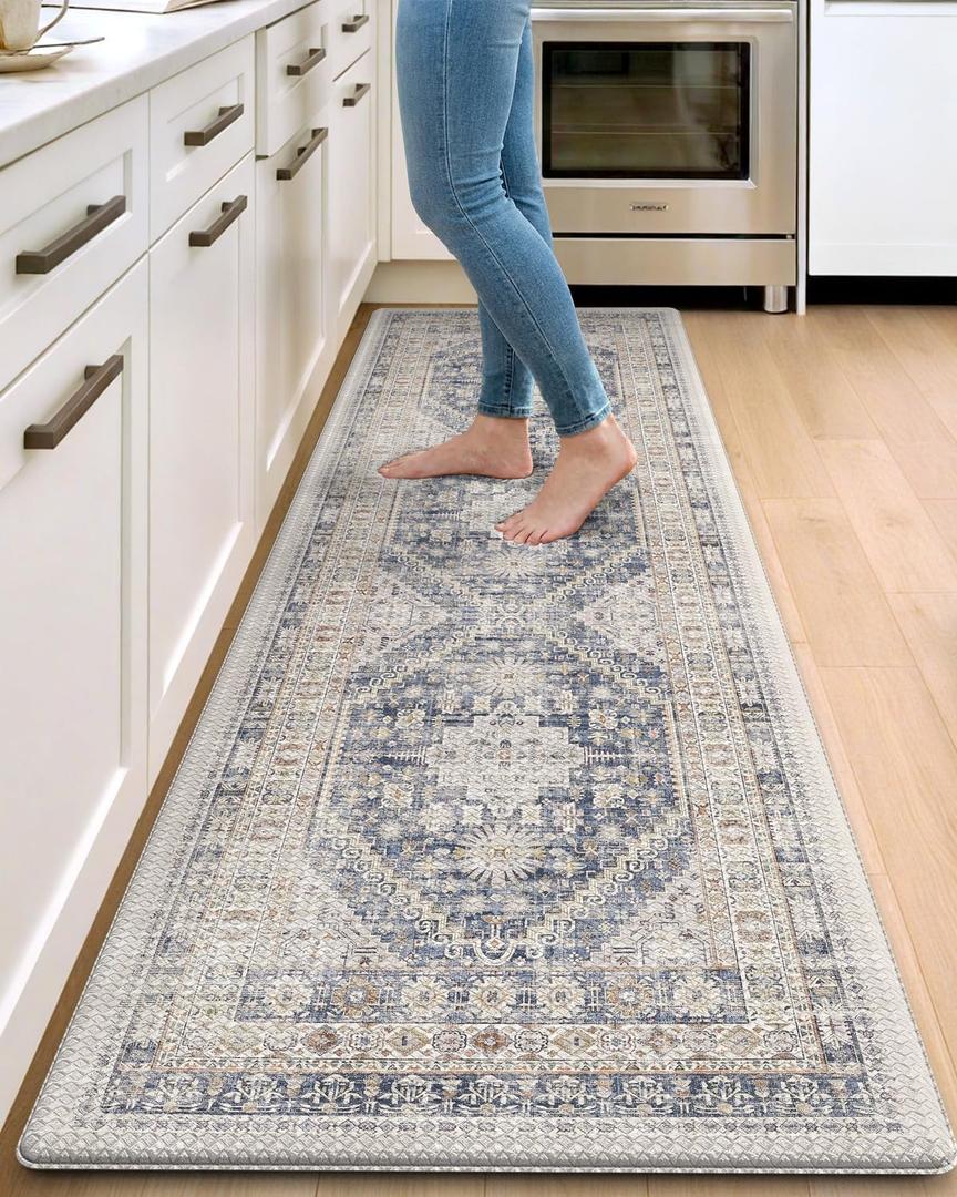 DEXI Kitchen Floor Mats Anti Fatigue, 23x86 Large Long Cushioned Vintage Runner Rug Waterproof, Standing Comfort Memory Foam Padded for Front Sink Laundry Office, White