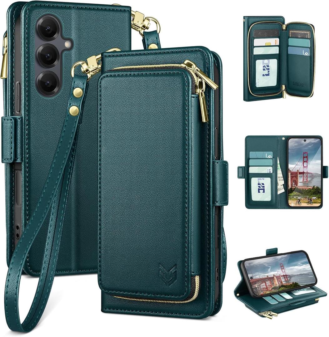 DJBEAR for Samsung Galaxy S25 Wallet Case for Men & Women, All-in-One Flip Folio Cover with 9 Card Slots, Zipper Pocket, Detachable Wrist Strap, Full Body Protection for Samsung S25 Sea Green
