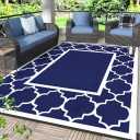 GENIMO 6' x 9' Outdoor Rug Waterproof for Patio Decor, Foldable Reversible Plastic Straw Area Rugs Mat for Camper, Outside Carpet for Rv, Deck, Porch, Picnic, Beach, Balcony, Blue & White