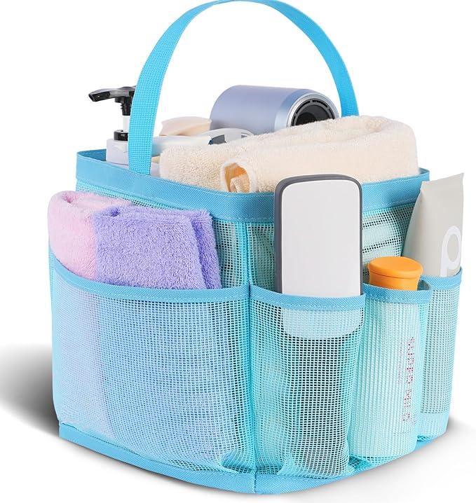 2 Pack Mesh Shower Caddy Portable for College Dorm Room Essentials, Shower Caddy Dorm with 8-Pocket Large Capacity,Shower Bag for Beach,Swimming,Gym (All Ice Blue)