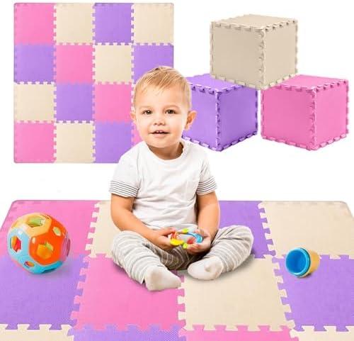 TOYVELT 16-Pack 12x12 Foam Puzzle Floor Mat for Kids - Interlocking EVA Play Mats with Colors - Educational, Non-Toxic Flooring for Crawling, Playroom & Nursery (Pink/Purple/Beige)