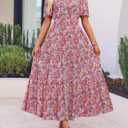 ZESICA Women's 2026 Summer Spring Floral Boho Maxi Dresses Casual Short Sleeve V Neck A Line Flowy Beach Vacation Dress (Pink)