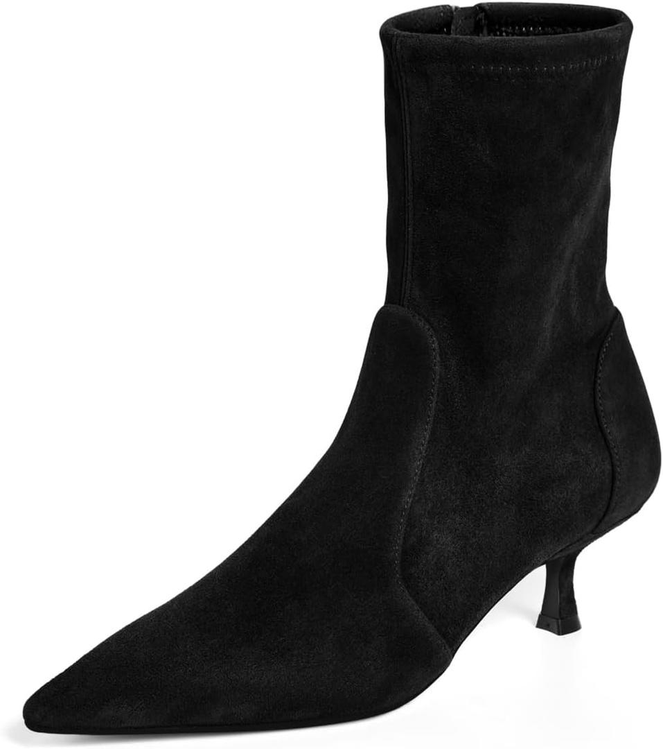 Coutgo Womens Low Kitten Heel Ankle Boots Pointed Toe Booties Side Zipper Fall Shoes (8, Black)