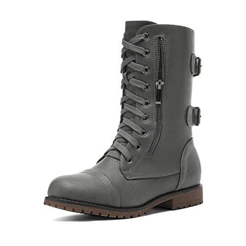 DREAM PAIRS Women's Winter Combat Boots, Comfortable Warm Faux Fur Lined Outdoor Lace-Up Mid Calf Riding Booties,Grey,TERRAN-SNOW (Size 11)
