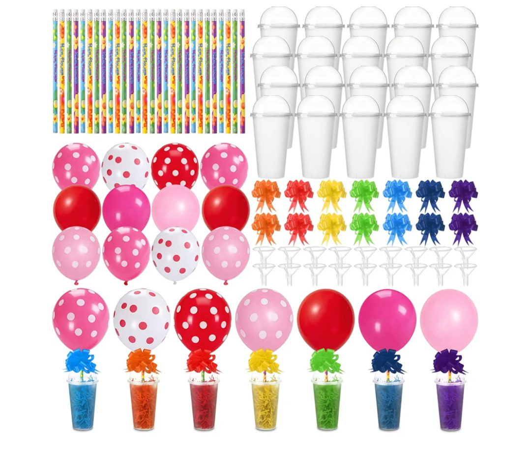 28 Sets Valentine's Day Stationery Return Gifts with Transparent Plastic Cups, Balloons, Bows, Raffia Grass and Pencils for Classroom Valentine's Exchange and School Party Favors(Elegant)