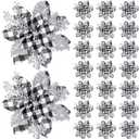 Canlierr 24 Pieces 5.7 Inch Christmas Poinsettia Flower Christmas Glitter Artificial Flower with Clips Xmas Tree Ornament for Wreath Garland Party Decor (Black and White Buffalo with Silver Petals)