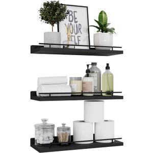 WOPITUES Floating Shelves with Black Metal Guardrail, Shelves for Wall Decor Set of 3, Wall Shelves for Bedroom, Bathroom, Kitchen, Living Room, Plants, Picture Frames, Art- Black