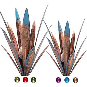 Jesokiibo 2pcs Sculpture Metal Agave Plant Home Decor Rustic Hand Painted Figurines Yard Decorations Lawn OrnamentsMulti-Color LED Solar Light Green (Blue)