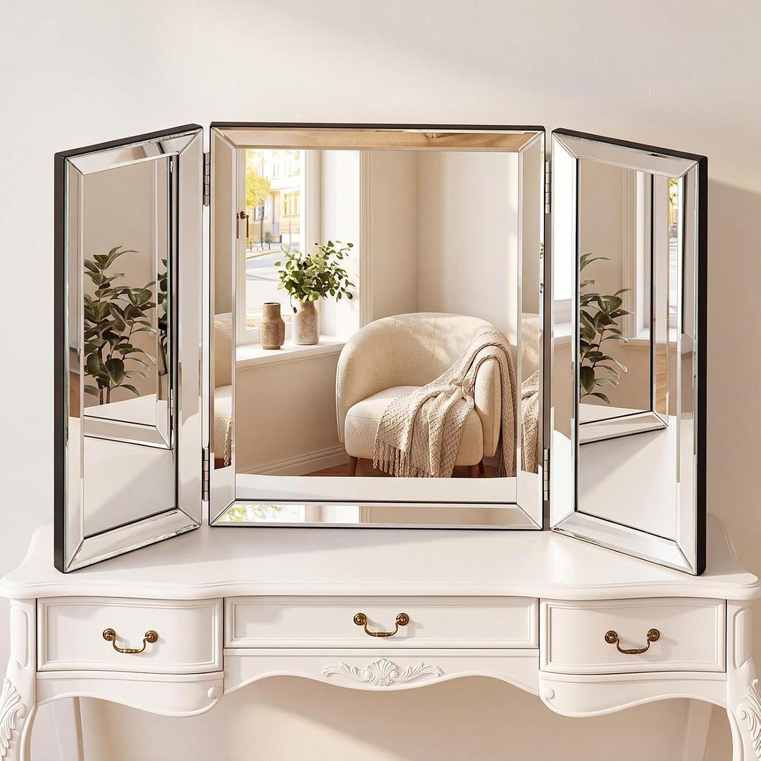 Trifold Vanity Mirror 21" W x 31" L, 3 Way Three Panel Folding Mirror 360 Viewing Angle Tabletop Wall Mounted for Makeup Braiding Hair Grooming Bedroom Bathroom Decor