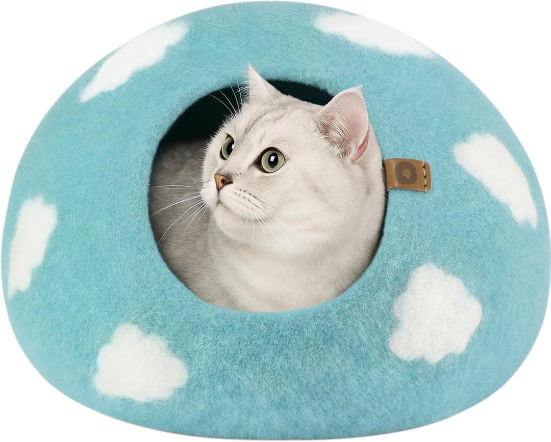 MEOWFIA Cat Cave Premium Felt Cat Bed for Indoor Cats, Handmade Merino Wool (Cloud Nap Blue, Large)
