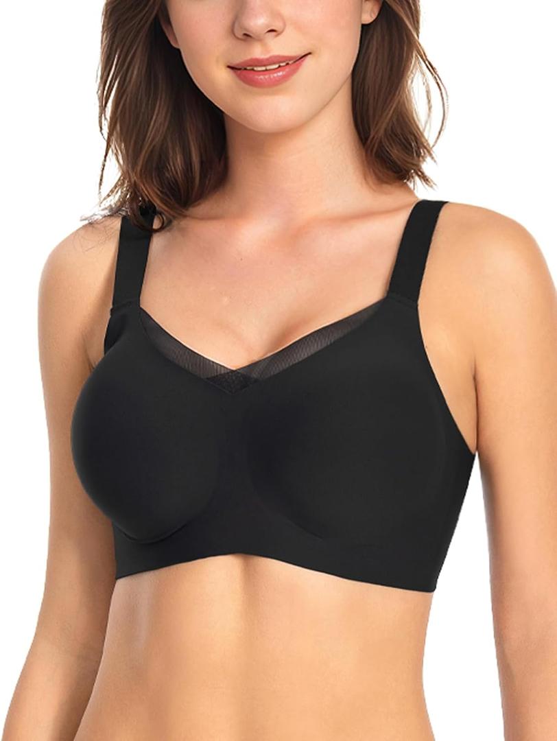 Vinfact Womens V Lace Wireless Seamless Bras No Underwire Comfort Push Up Bras Supportive Full Coverage Bralettes T Shirt Bra (XX-Large, Black)