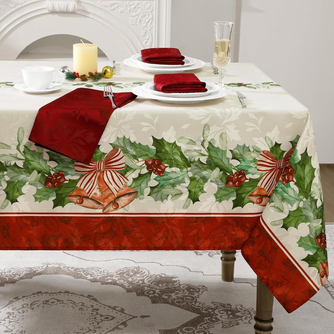 Romanstile Christmas Jacquard Rectangle Tablecloth 60 x 84 Inch - Winter Xmas Holly Bell Table Cloth, Heavy Weight Vintage Damask Fabric Table Cover for Holiday, Party, Dinner Decor (Green)