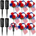 Rivvlive 4 Sets 4th of July Patriotic Cemetery Flowers for Grave 8 Bunches Red White Blue Artificial Floral with American Flag Grave Vase for Gravesite Headstone Tombstone Veterans Decor(Carnation)