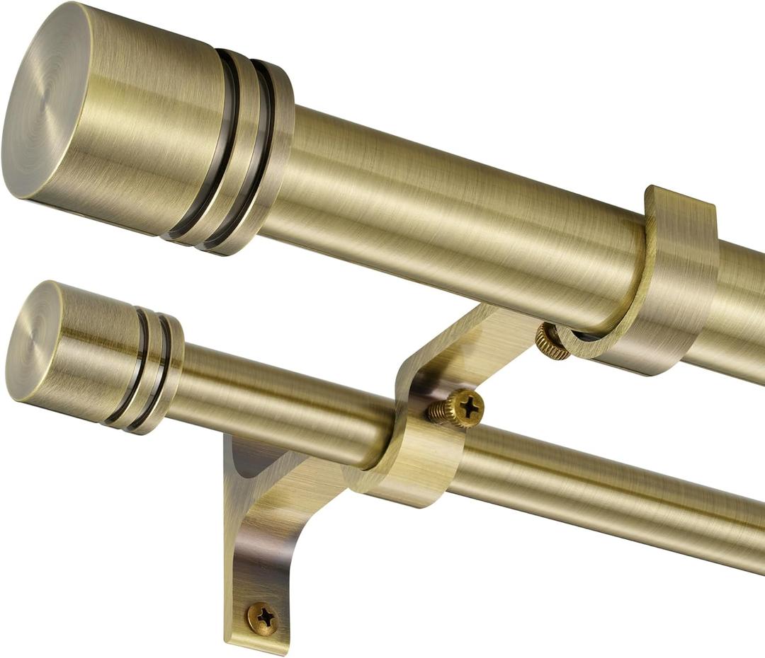 Double Curtain Rods 36-72 Inches for Windows, 1 Inch Diameter Adjustable Heavy Duty Drapery Rod with Aluminum Alloy Brackets and Finials, Modern Stylish Dual Curtains Rod, Antique Bronze